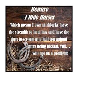 Horse Gift Sign -  Beware I ride horses Hanging Sign Plaque  Barn Decor Cowgirl Custom Personalized