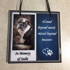 May include: A blue and white ceramic memorial plaque with a photo of a brown and white bulldog. The plaque reads "In Memory of Sadie" and "Loved beyond words, missed beyond measure." A white paw print is in a heart shape on the right side of the plaque.