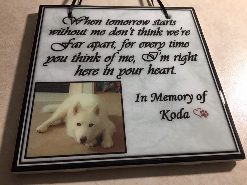 K&ouml;nnte beinhalten: Wei&szlig;e Keramikfliese mit schwarzem Rand und einem Foto eines wei&szlig;en Hundes. Die Fliese tr&auml;gt eine schwarze Inschrift mit dem Text "Wenn morgen ohne mich beginnt, denk nicht, dass wir weit entfernt sind, denn jedes Mal, wenn du an mich denkst, bin ich genau hier in deinem Herzen." Unter der Inschrift steht "In Gedenken an Koda" mit einem roten Herzen und einem Pfotenabdruck.