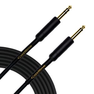 May include: Black audio cable with gold-plated connectors. The cable has the word "Castline" printed in gold. The cable is coiled and ready for use. The connectors are gold-colored.