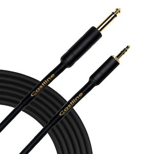 May include: Black audio cable with gold-plated connectors. One end has a 1/4 inch jack and the other end has a 1/8 inch jack. The cable is coiled and labeled "Castline".