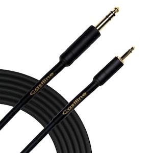 May include: Black guitar cable with gold-plated connectors. The cable is coiled and features the Castline brand name printed in gold.