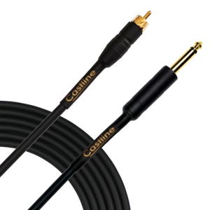 May include: Black audio cable with gold-colored connectors. The cable has the brand name "Castiline" printed in gold. One end has an RCA connector, and the other has a 1/4 inch (6.35 mm) phone plug.