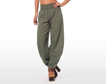 Cotton Voile Summer Pants: Dark Green Smocked Waist, Red Polka Dot Detail