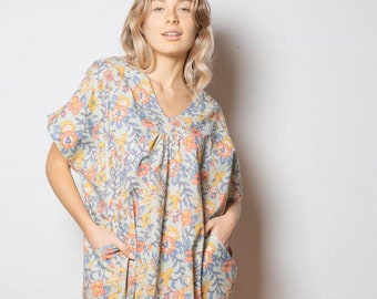 Handmade Floral Cotton Kaftan Dress: Lightweight Summer Beachwear