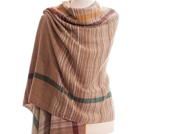 Stylish Wool Shawl Scarf with Geometric Striped Patterns in Brown Beige Color - Eco-Friendly Indian Handicrafts
