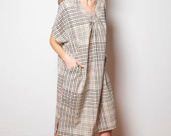 Hand Block Printed Cotton Kaftan: Beige Geometric Boho Dress