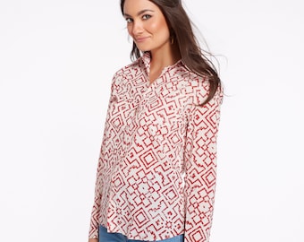 Boho Cotton Shirt: Red Geometric Block Print, Handmade Indian Blouse
