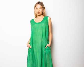 Green Handloom Kaftan Dress with Pockets Women Cotton Maxi Sleeveless Summer Dress One Size Oversized Boho Indian Artisan Slow Fashion Gift
