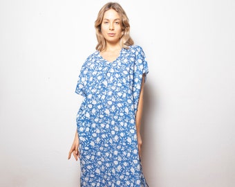 Blue White Floral Kaftan Dress Block Print Cotton Oversized Summer Caftan Short Sleeve Women Midi Dress Indian Boho Beach Resort Vacation