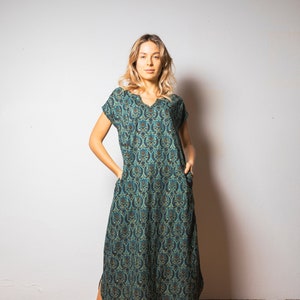 Długa sukienka z nadrukiem blokowym dla kobiet z kieszeniami | Letnia sukienka z bawełny w turkusowy wzór paisley | Ręcznie robiona indyjska długa sukienka boho | Prezent na wakacyjny strój do kurortu