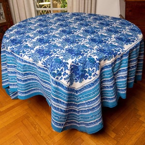 Extra Large Block Print Cotton Tablecloth, Banquet Floral Dining Cover 106x173 inch, Wedding Housewarming Farmhouse Indian Decor