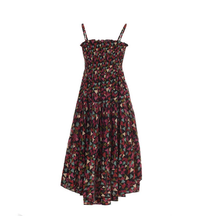 Black Cotton Summer Dress – Light Voile with Multicolor Geometric Print, Smocked Bodice, 50s Style, Adjustable Straps,