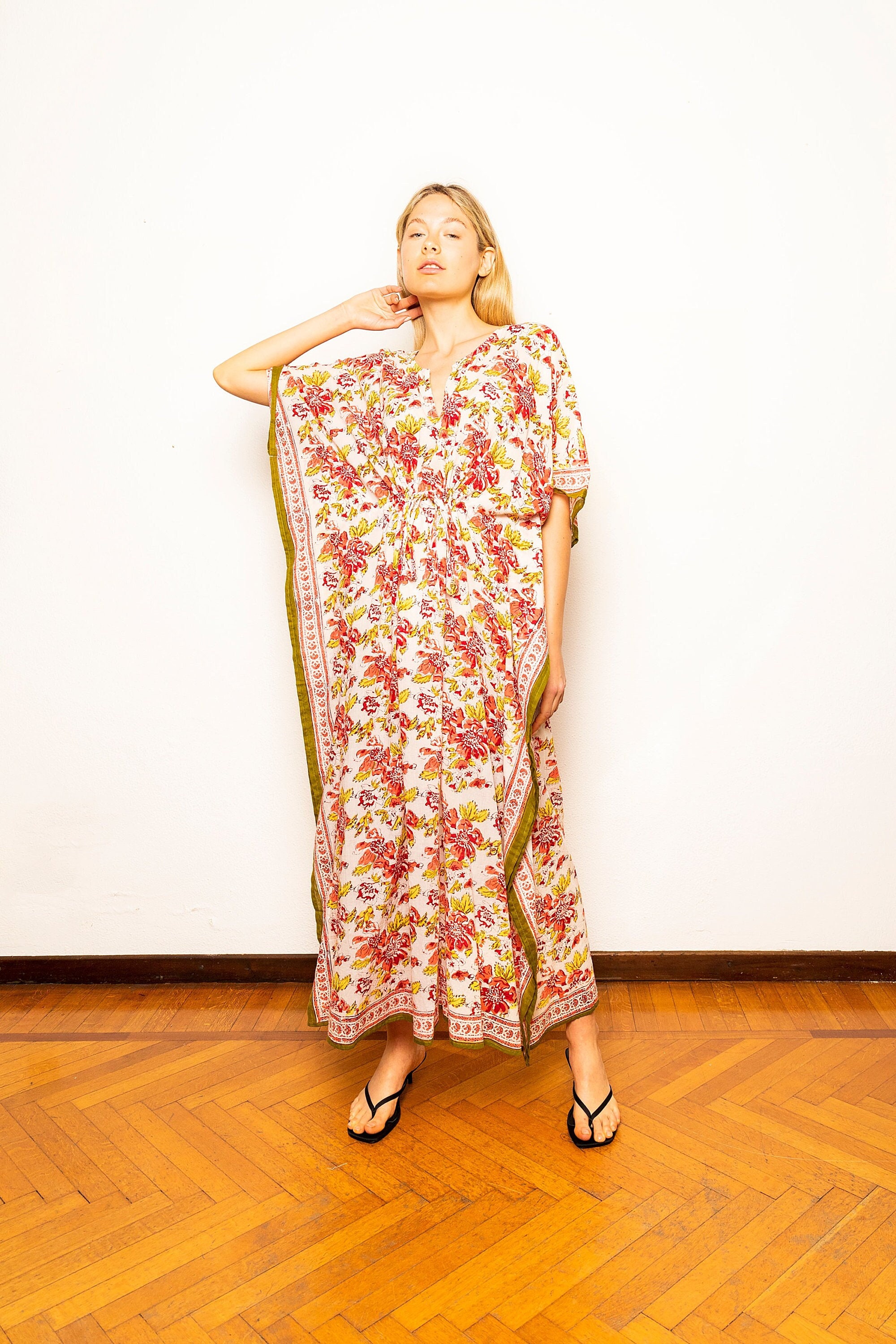 Boho Cotton Kaftan for Women, Hand Block Printed Lightweight Summer Caftan, One Size Fits Most, Eco-Friendly and Fair Trade, Indian Cotton