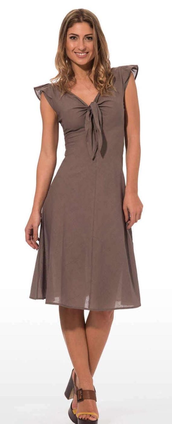 50s Style Cotton Summer Dress with Epaulettes Vintage Inspired Khaki Tea Dress | Lightweight A-Line Dress with Knot Detail, minimal elegance