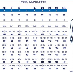 May include: A chart with a woman's body diagram showing measurements for different sizes. The chart includes measurements for bust, waist, hips, and inseam in inches. The chart also includes measurements for height in centimeters. The chart is labeled "Woman Size/Taglie Donna".