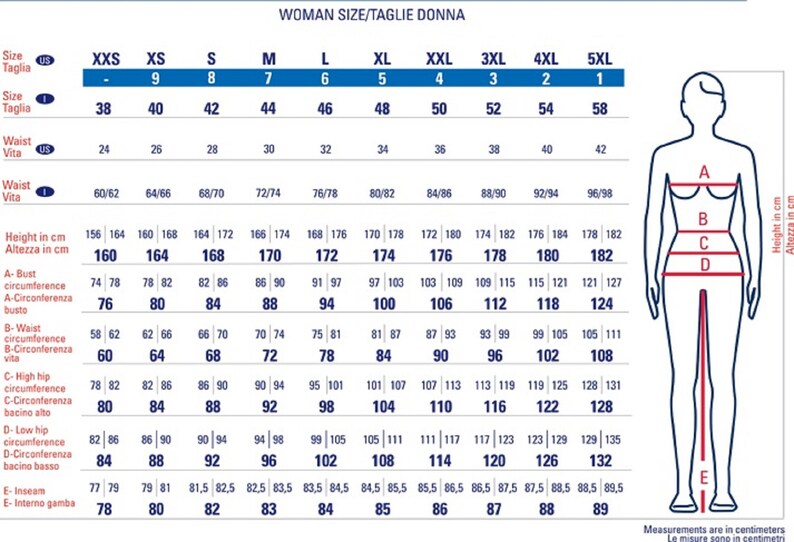 May include: A chart with a woman's body diagram showing measurements for different sizes. The chart includes measurements for bust, waist, hips, and inseam in inches. The chart also includes measurements for height in centimeters. The chart is labeled "Woman Size/Taglie Donna".