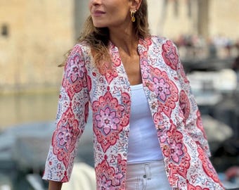 Hand Block Print Cotton Blouse: White & Pink Geometric Boho Top
