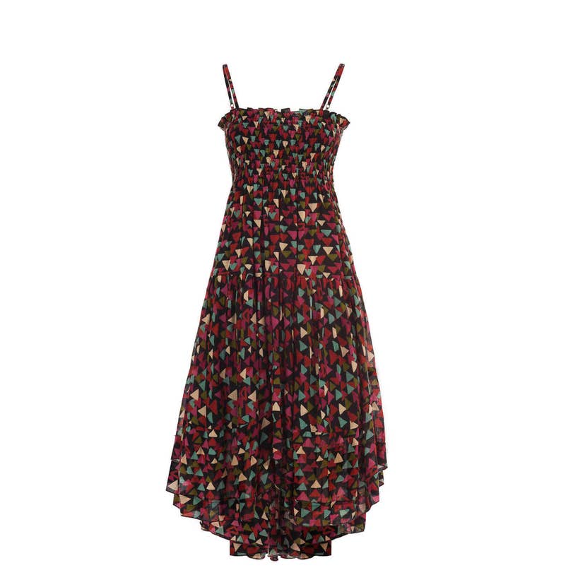 Black Cotton Summer Dress – Light Voile with Multicolor Geometric Print, Smocked Bodice, 50s Style, Adjustable Straps,