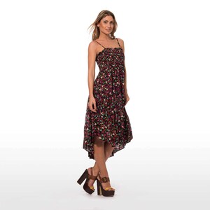 Black Cotton Summer Dress – Light Voile with Multicolor Geometric Print, Smocked Bodice, 50s Style, Adjustable Straps,