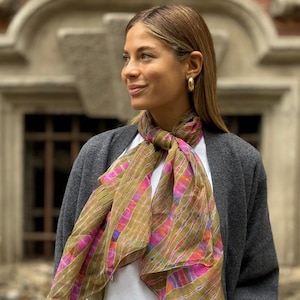 Beige Silk Chiffon Square Scarf with Handmade Tie Dye Rainbow Effect, Elegant Lightweight Shawl, Unique Gift, Boho Chic Women’s Accessory