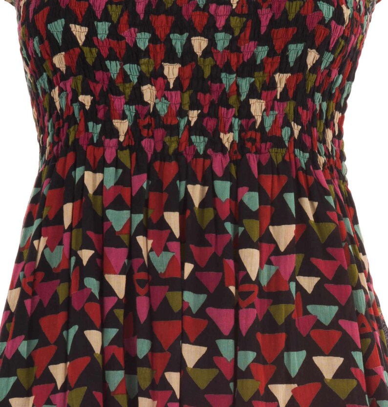 Black Cotton Summer Dress – Light Voile with Multicolor Geometric Print, Smocked Bodice, 50s Style, Adjustable Straps,