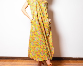 Yellow Floral Maxi Dress with Pockets | Mustard Paisley Block Print Cotton Dress | Indian Boho Summer Dress Women Cheerful Birthday Gift Her