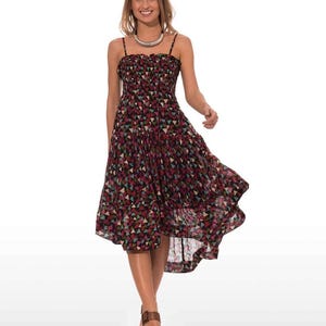 Black Cotton Summer Dress – Light Voile with Multicolor Geometric Print, Smocked Bodice, 50s Style, Adjustable Straps,