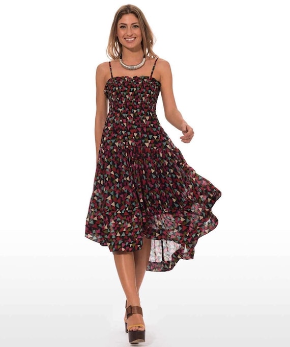 Black Cotton Summer Dress: Geometric Print Smocked Bodice, 50s Style