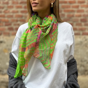 Light Electric Green Silk Chiffon Square Scarf, Hand Tie & Dye, Boho Chic Wrap, Lightweight Elegant Shawl, Handmade in India, Gift for Her
