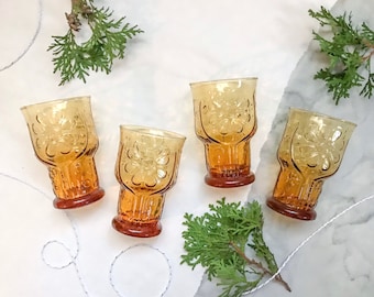 Amber Floral Juice Glasses - Set of 4 // Libbey Country Garden Glasses // Libbey Floral Glasses