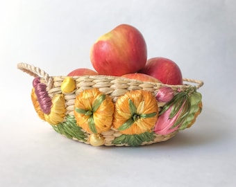 Handmade Floral Raffia Pan Holder with Fruit Motif // Handmade Colorful Basket