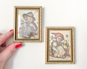 Mini Hummel Framed Prints - Set of 2 // Vintage Nursery Wall Art // Boy with Bunnies & Girl with Ducklings