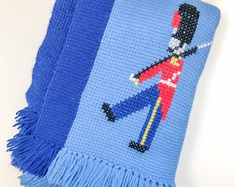 Toy Soldier Knit & Cross Stitched Throw Blanket // Vintage Holiday Decor