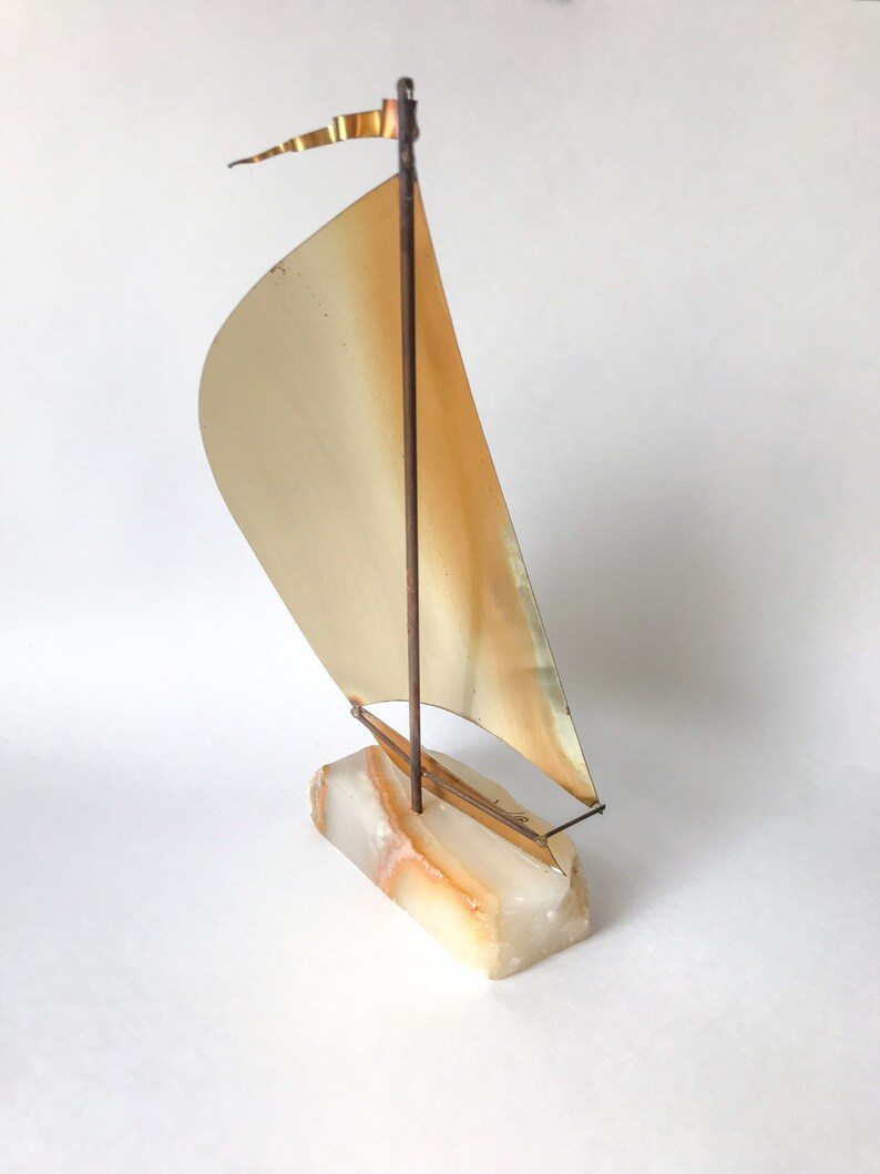 Brass-Plated Metal & Onyx DeMott Sailboat Sculpture // Vintage 1970s and 1980s Art image 5