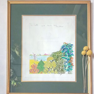 Framed Landscape Illustration with Inscription // Bright Botanical Book Cover Drawing