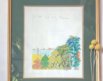 Framed Landscape Illustration with Inscription // Bright Botanical Book Cover Drawing