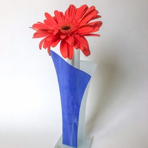 Postmodern Morin Choinière Frosted Glass Vase // Abstract Geometric Blue & White Glass Vase image 1