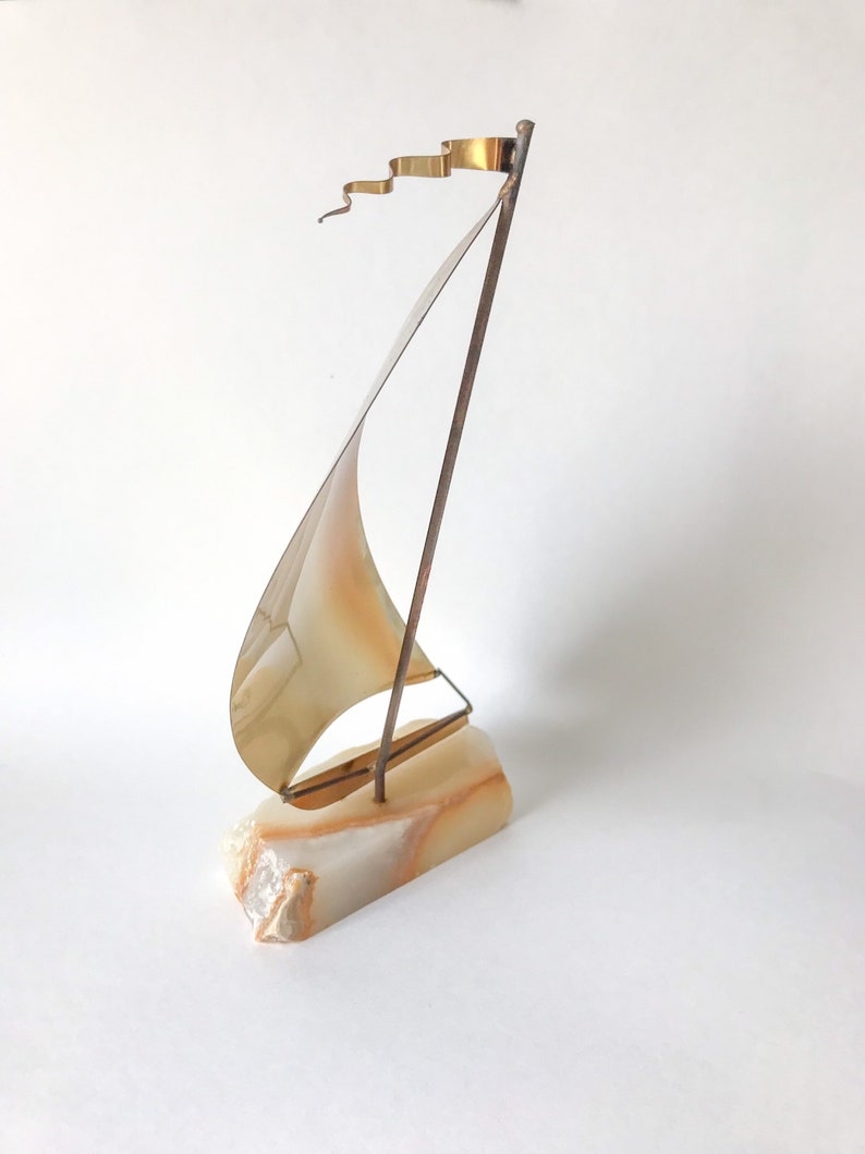 Brass-Plated Metal & Onyx DeMott Sailboat Sculpture // Vintage 1970s and 1980s Art image 4