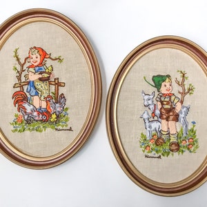 Set of 2 Hummel Farm Girl & Farm Boy Framed Needlepoint // Vintage Framed Crewel Nursery Decor image 1