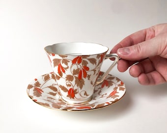 Royal Grafton Bone China Teacup & Saucer // White Orange Brown Vine Design with Gold Accents // Vintage English Tea Set