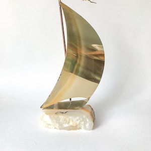 Brass-Plated Metal & Onyx DeMott Sailboat Sculpture // Vintage 1970s and 1980s Art