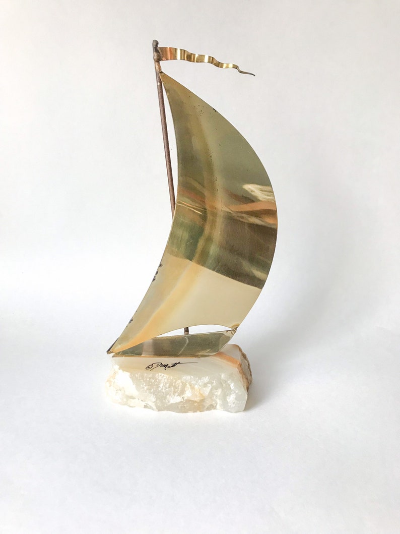 Brass-Plated Metal & Onyx DeMott Sailboat Sculpture // Vintage 1970s and 1980s Art image 1