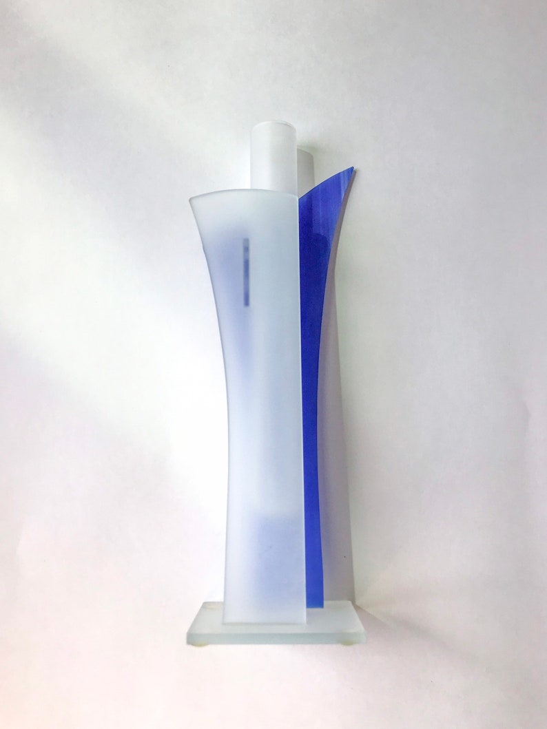 Postmodern Morin Choinière Frosted Glass Vase // Abstract Geometric Blue & White Glass Vase image 5