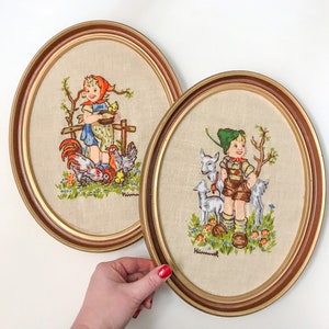 Set of 2 Hummel Farm Girl & Farm Boy Framed Needlepoint // Vintage Framed Crewel Nursery Decor image 3