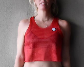 MOVIMENTO-Apparel Ready To Ship! &quot;Cherry Bomb&quot; Red Mesh Crop Top With Movimento Logo. Fair Trade Labor Made In DTLA (Free Domestic Shipping)