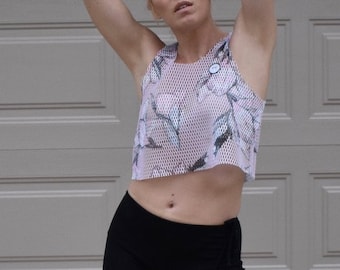 MOVIMENTO-Apparel Ready To Ship! &quot;Fiore II&quot; Hand Painted Flower Mesh Crop Top