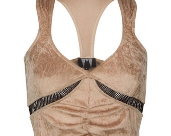 MOVIMENTO-Apparel Stretch Velvet "Gold Crush" Bustier With Ruched Bodice And Black Mesh Inserts. Made In Los Angeles.