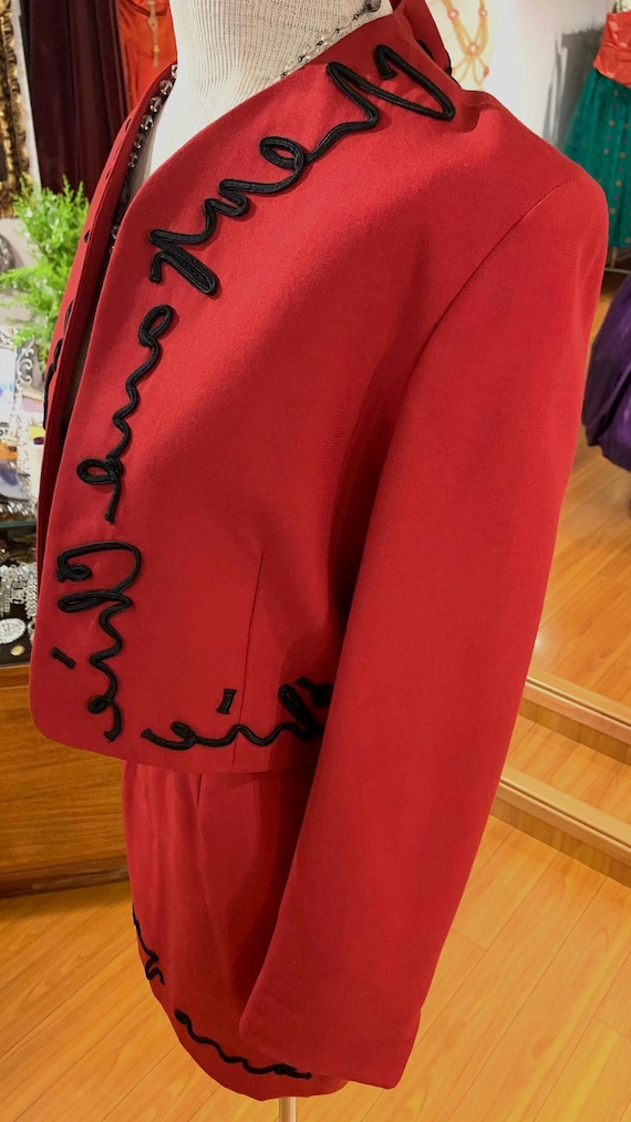 Moschino Cheap and Chic, 1980s Moschino Cheap and Chic Monogram Red Short Skirt Suit SzS