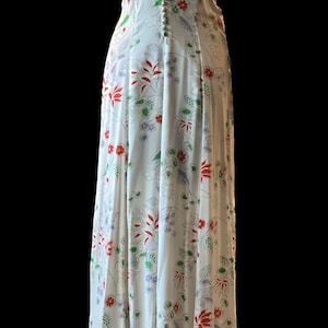 1930s Stunning Art Deco Couture White Silk w/Orange,Green&Lavender Flowers ‘n Leaves Hand Screening Floor Length Dress Made in Paris SzS/M